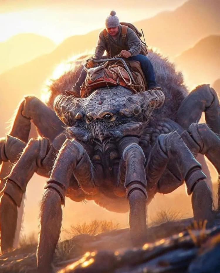 Fantastical Rider On Giant Spider Sunset Landscape Jigsaw Puzzle