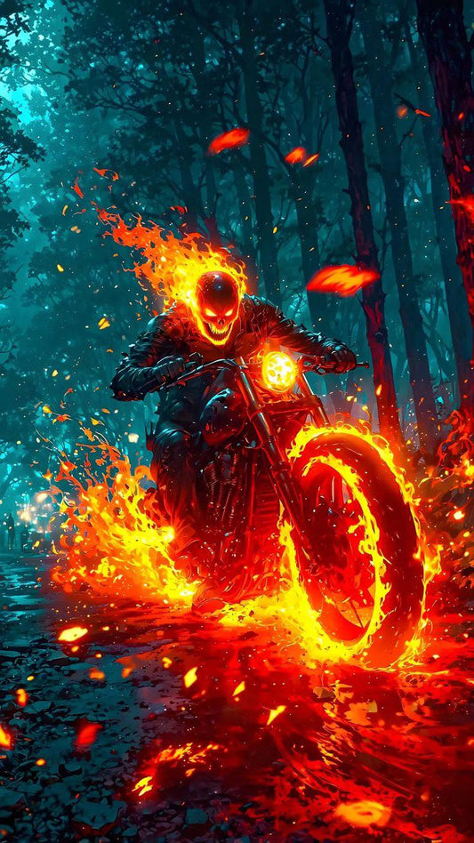 Fiery Motorcycle Rider Forest Scene Print Poster