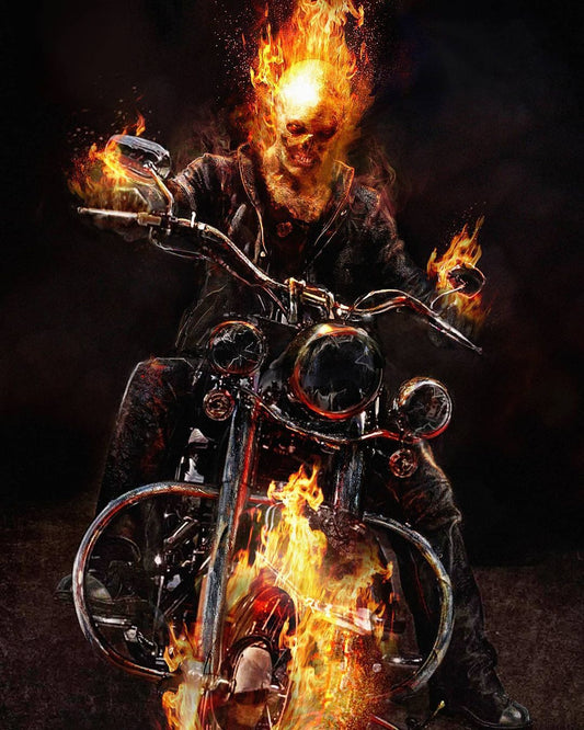 Flaming Skull Motorcycle Rider Print Poster