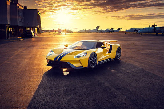 Ford Gt Yellow Sporty Car Airport Sunset Decor Wall Jigsaw Puzzle
