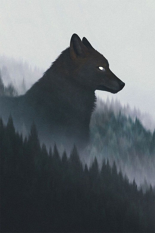 Forest Wolf Cutout Dark Nature Painting Print Jigsaw Puzzle