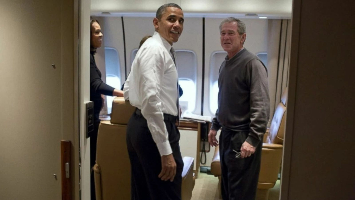 Former Presidents Bush & Obama On Air Force One Keychain Picture Reprint