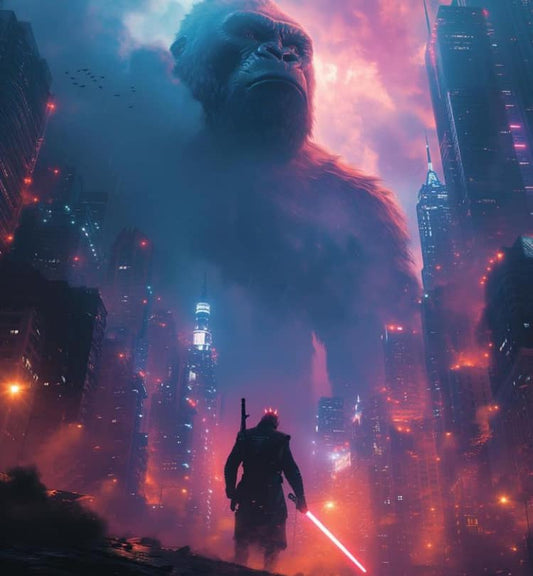 Futuristic City Gorilla Silhouette Sword Print Poster