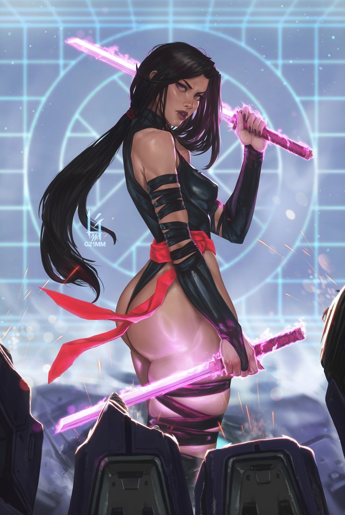 Futuristic Female Warrior With Swords Print Poster