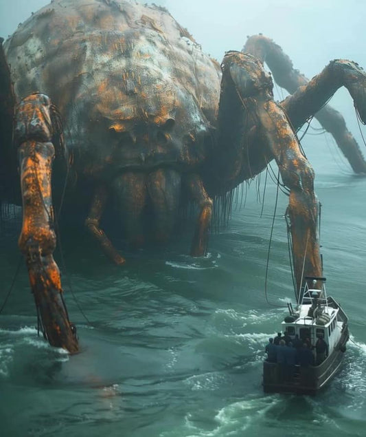 Giant Crab At Sea With Boat Print Poster
