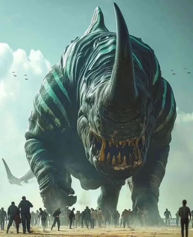 Giant Creature Overlooking Crowd Print Poster