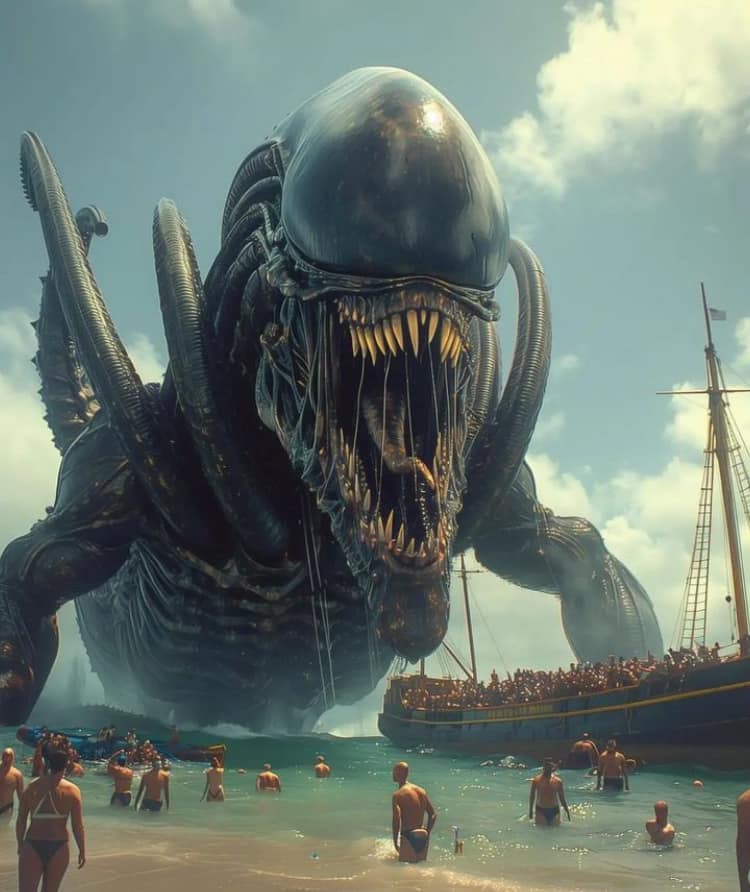 Giant Monster Beach Scene Print Poster