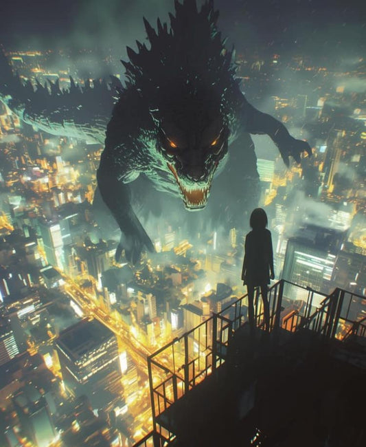 Giant Monster Cityscape Night Print Poster