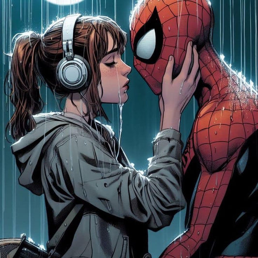 Girl Kissing Spider Man Rain Print Poster