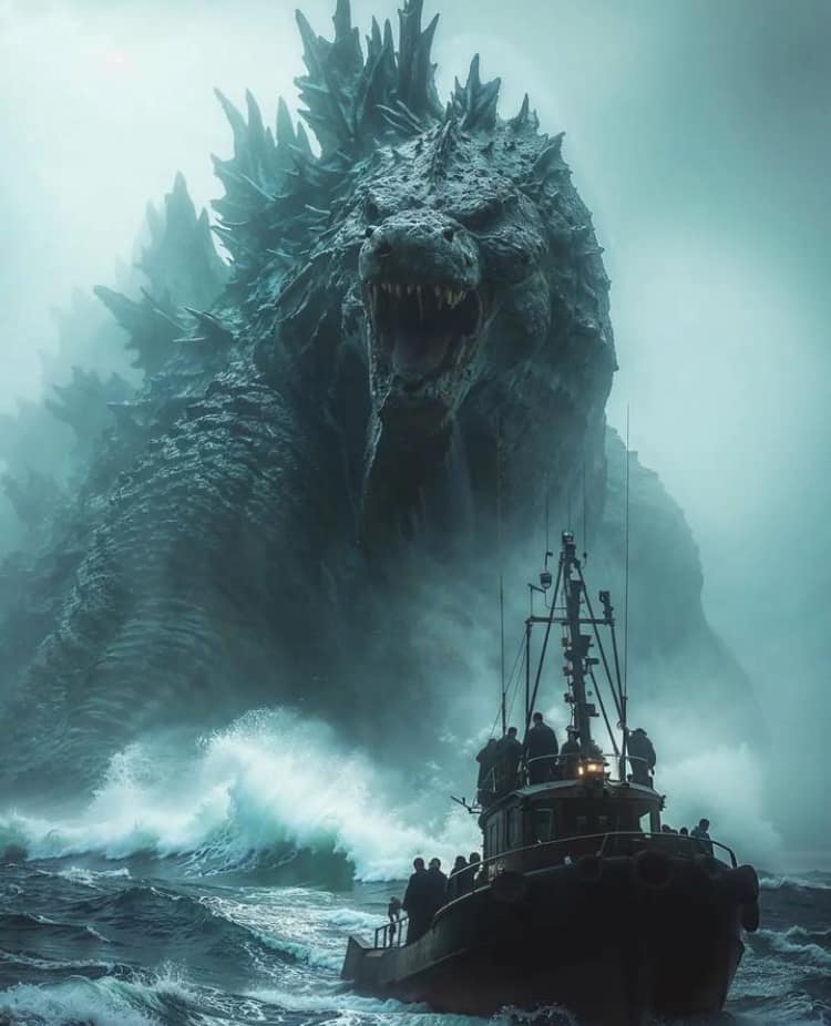 Godzilla Approaches Tugboat In Stormy Seas Print Poster