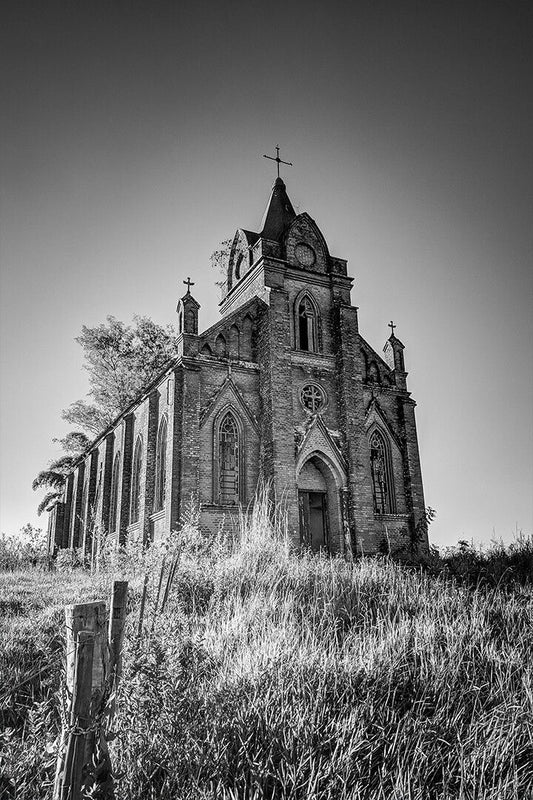Grayscale Jigsaw Puzzlegraph Of Church In Grass Field Art Wall Decor Jigsaw Puzzle