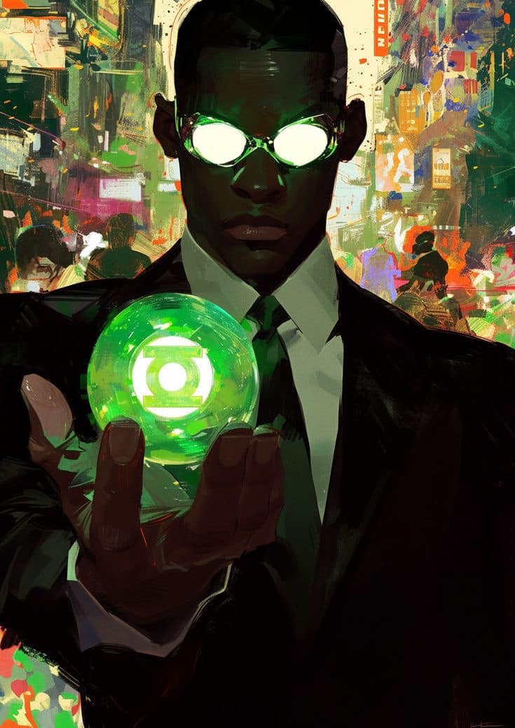 Green Glow Suit Cityscape Print Poster