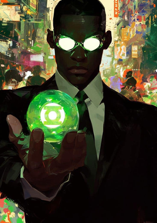 Green Glow Suit Cityscape Print Poster