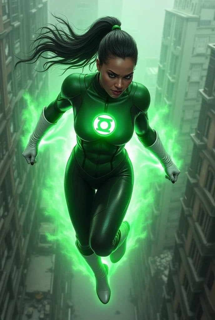 Green Lantern Flying Urban Scene Print Poster