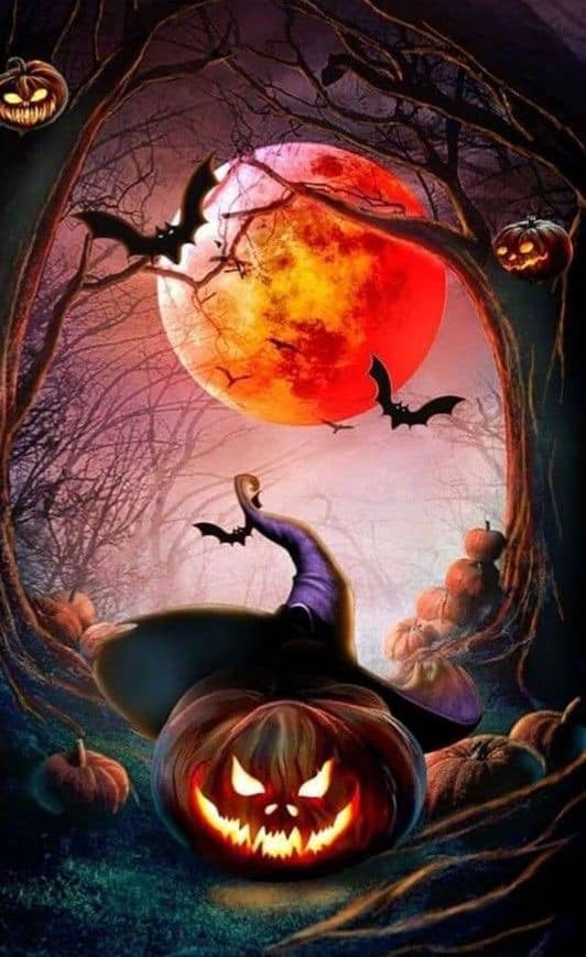 Halloween Night Scene Pumpkin Moon Bats Print Poster