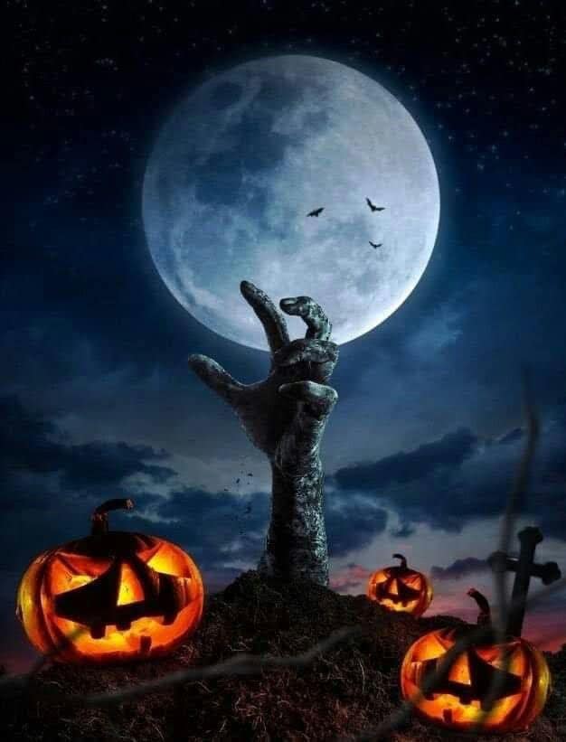 Halloween Scene Zombie Hand Moon Pumpkins Print Poster