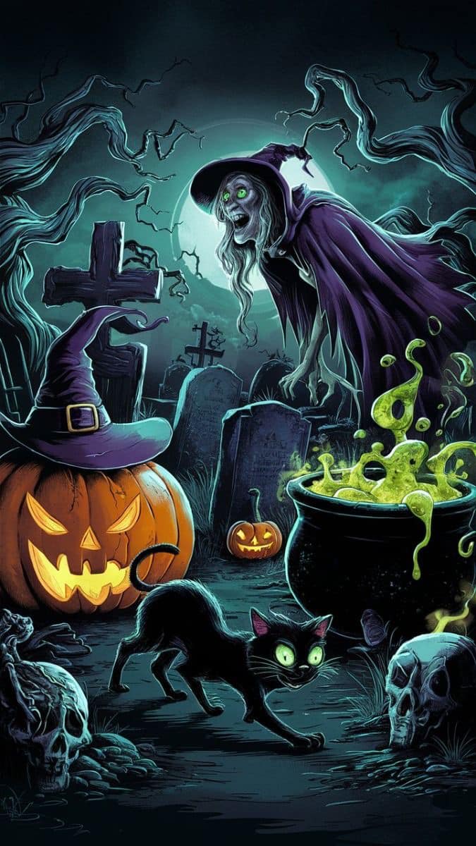 Halloween Witch Pumpkin Black Cat Print Poster