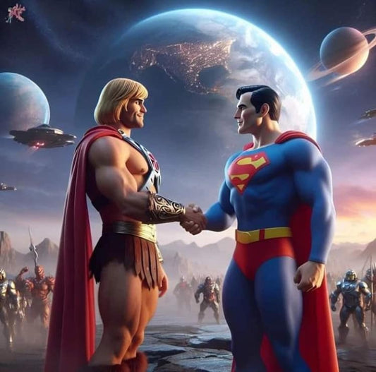 He Man Superman Handshake Space Print Poster