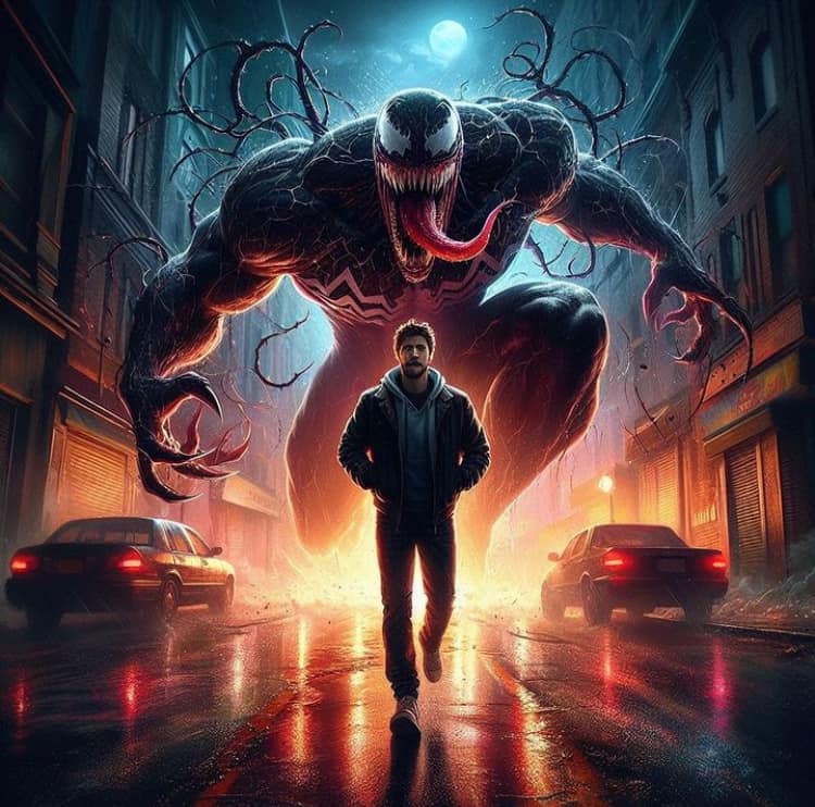 Hero Vs Monster Nighttime Cityscape Print Poster