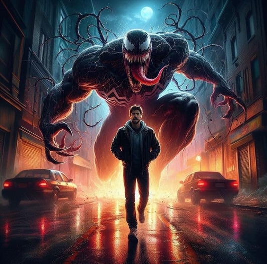 Hero Vs Monster Nighttime Cityscape Print Poster