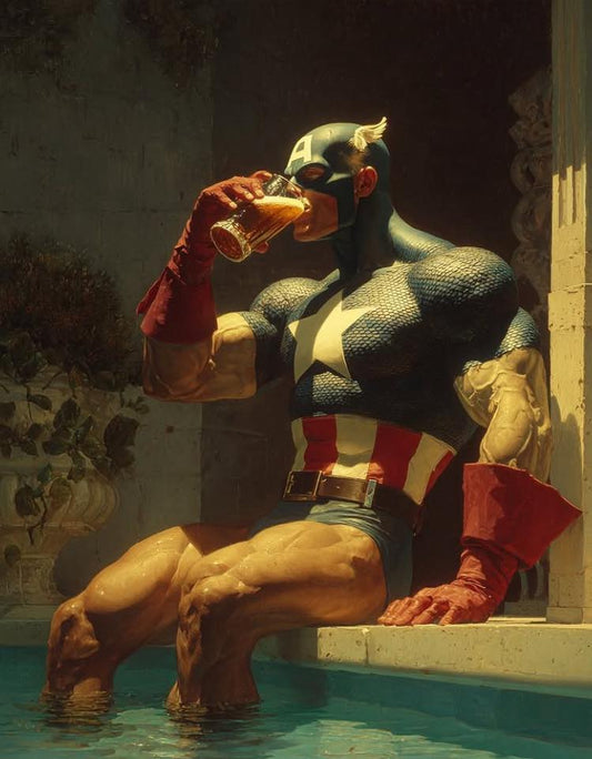 Heroic Character Drinking Beer By Poolside Print Poster