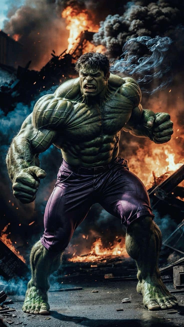 Hulk Destroying Environment Fire Smoke Print Poster