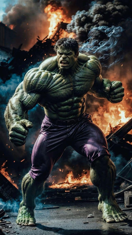 Hulk Destroying Environment Fire Smoke Print Poster