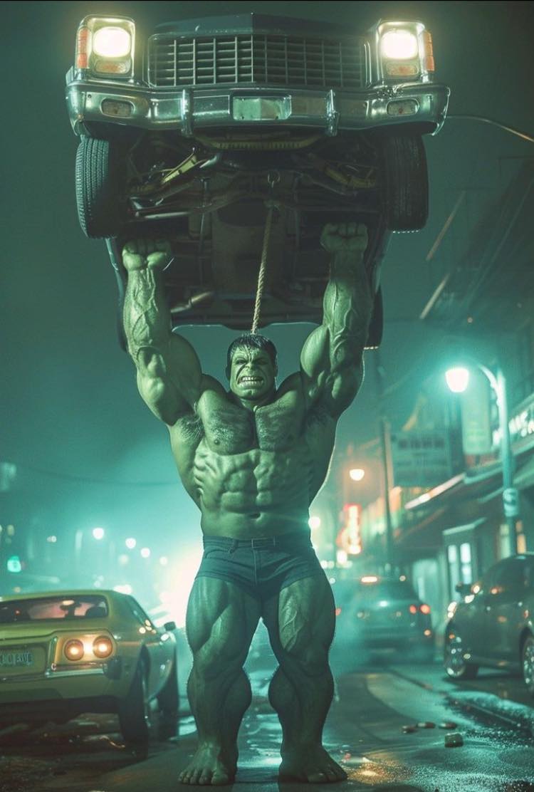 Hulk Lifting Car Night Scene Print Poster