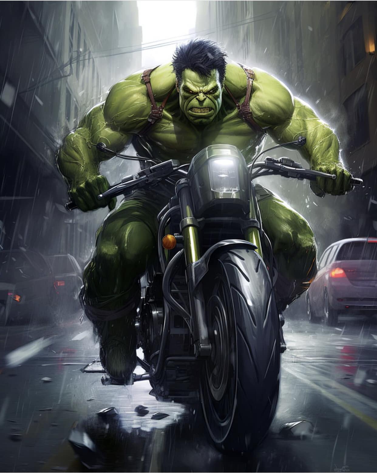 Hulk Riding Motorcycle Urban Scene Print Poster