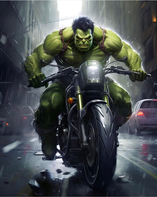 Hulk Riding Motorcycle Urban Scene Print Poster