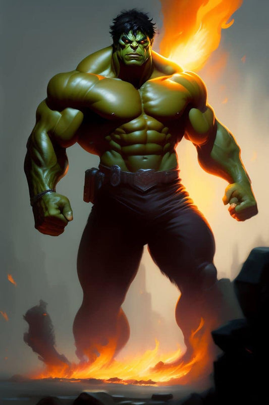 Hulk Superhero Mighty Pose Fire Background Print Poster