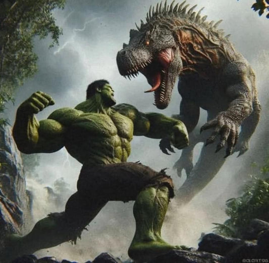 Hulk Vs Dinosaur Battle Print Poster