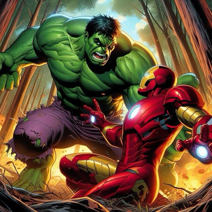 Hulk Vs Iron Man Forest Scene Print Poster