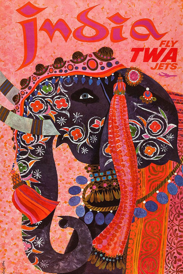 India Elephant 1960S Vintage Style Air Travel Wall Art Home Poster