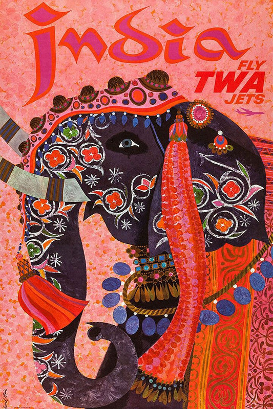 India Elephant 1960S Vintage Style Air Travel Wall Art Home Poster