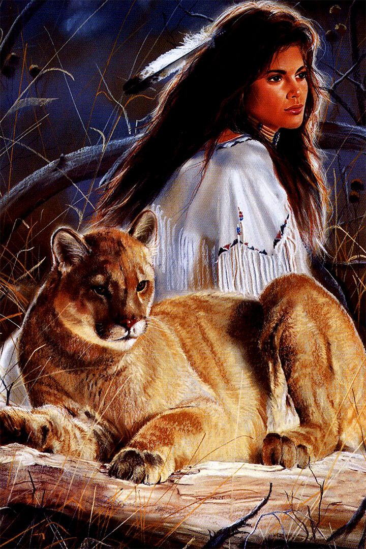 Indian Girl And Female Lion Nature Painting Print Wall Home Decor Jigsaw Puzzle