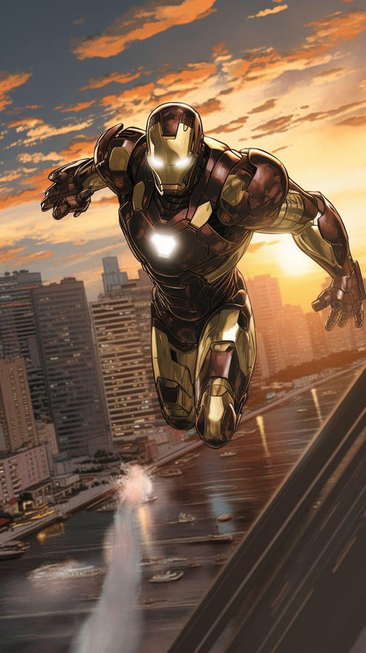 Iron Man Sunset Flyover Cityscape Print Poster