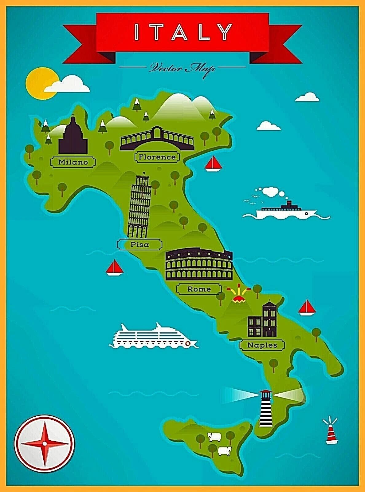Italy Map Florence Rome Milano Naples Retro Travel Art Magnet Picture