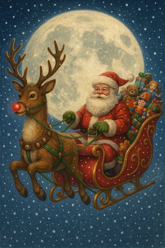Jolly Santa Claus Flying In His Sleigh Rudolph Art Poster Christmas