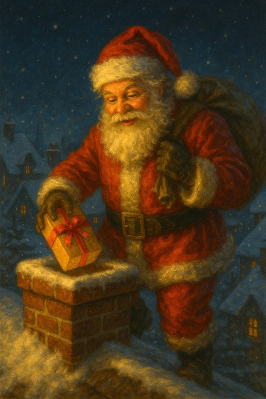 Jolly Santa Claus Up On The Rooftop Art Poster Print Christmas