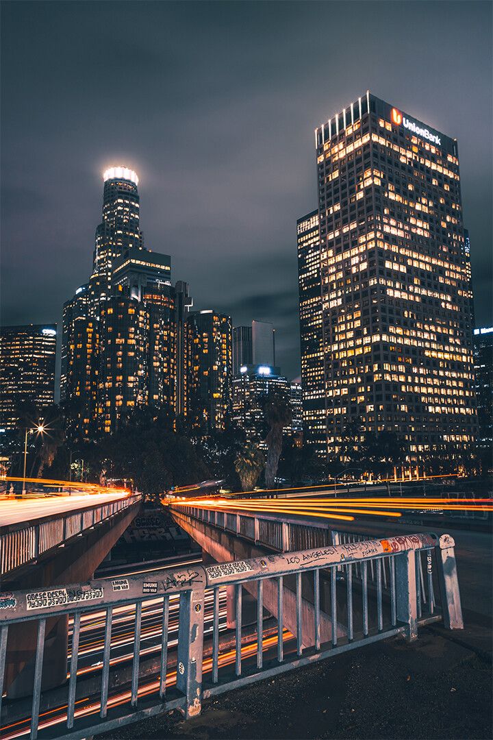 Los Angeles Lighted City Buildings At Night Art Wall Decor Poster