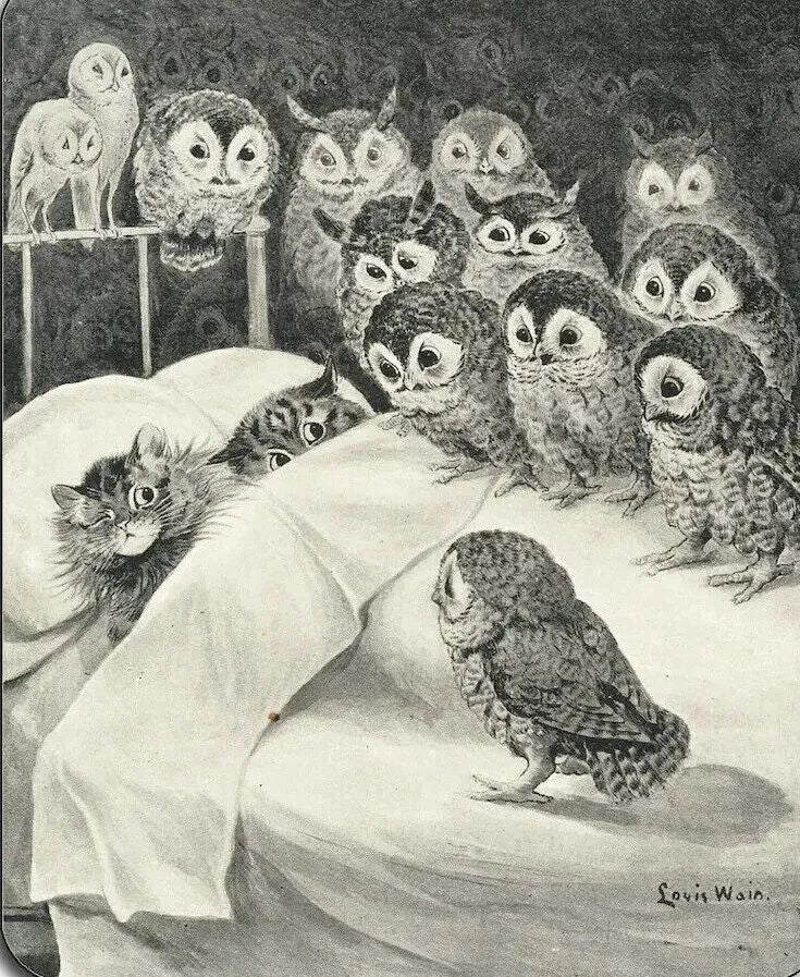 Louis Wain Cat Nightmare Owl Picture Magnet Magnet Print Nature Wall Art Reprint