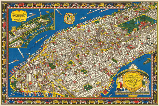 Manhattan 1926 New York City Pictorial Map Wall Art Home Decor Poster