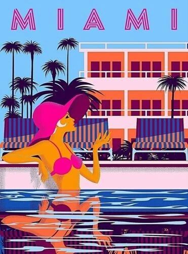 Miami Beach Florida Pool Girl Retro Travel Wall Art Deco Poster Print