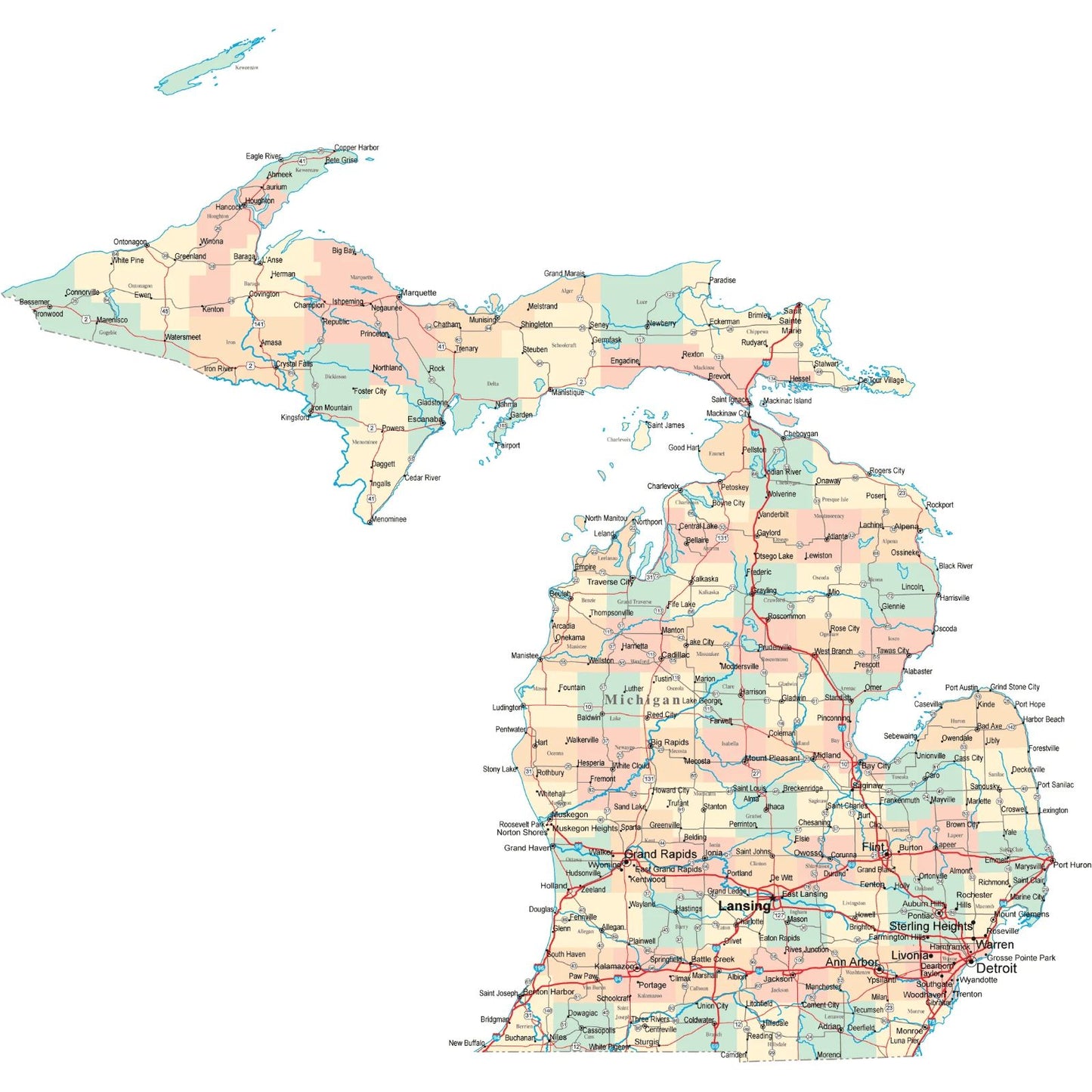 Michigan State Map County City Roads Lansing Poster Picture Photo Print