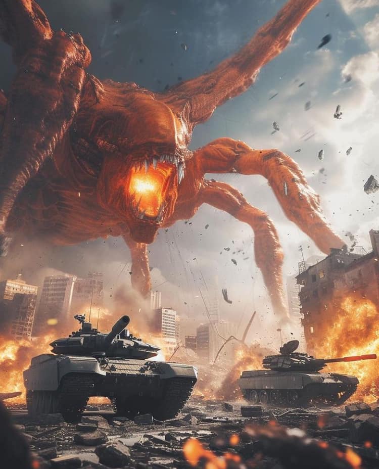 Monster Attack Tanks Cityscape Print Poster