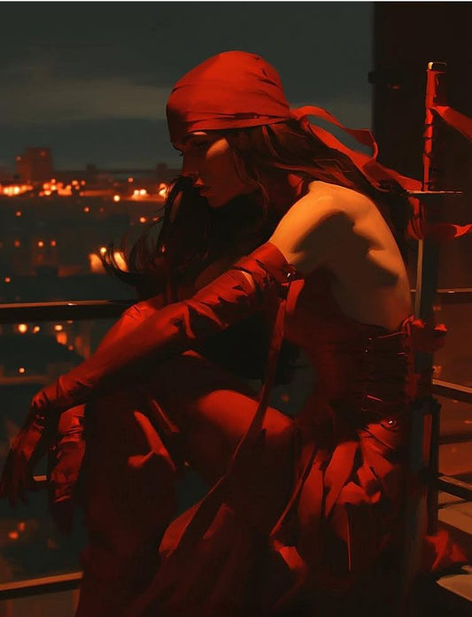 Mysterious Woman Red Attire Cityscape Print Poster