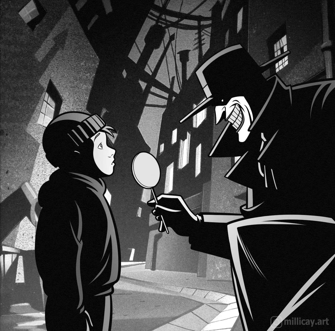 Mystery Encounter Kid Villain Black And White Print Poster