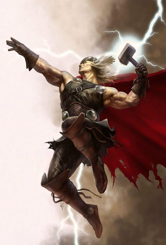 Mythical Hero With Hammer Lightning Background Print Poster