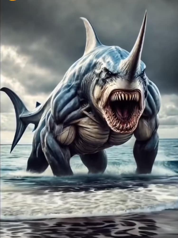 Mythical Shark Monster Beach Scene Print Poster